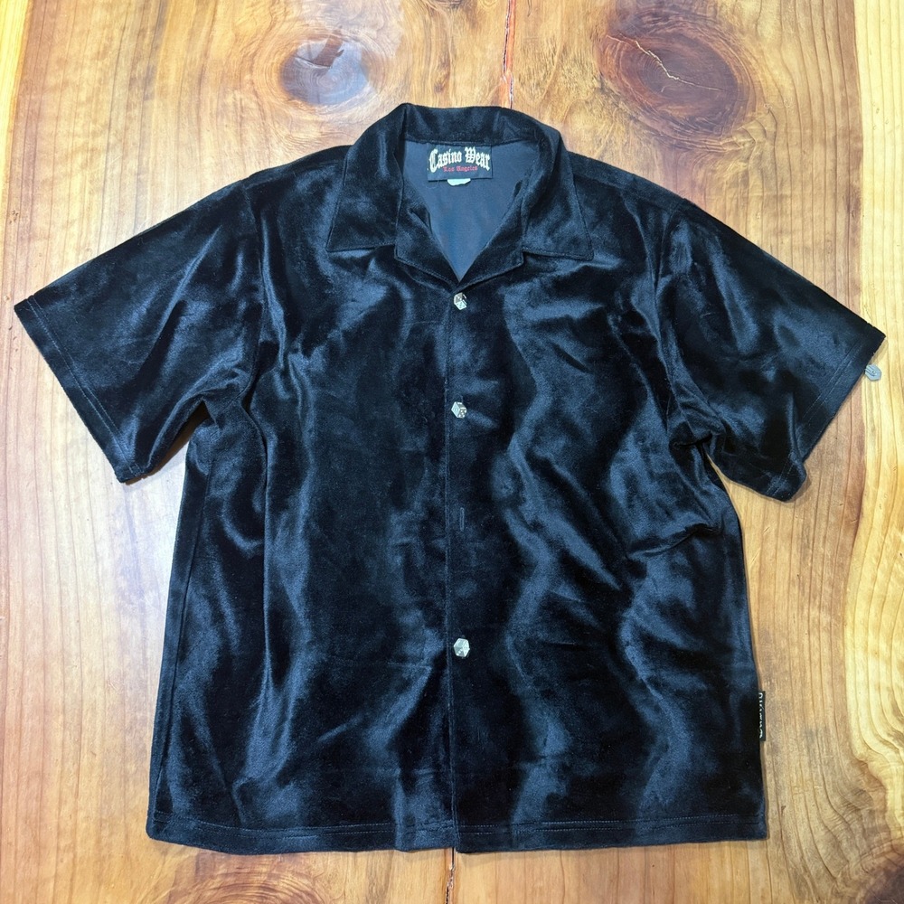 Vintage 90s Y2K Casino Wear Velour Shirt Large Dice Button Zig zag Party A4-12